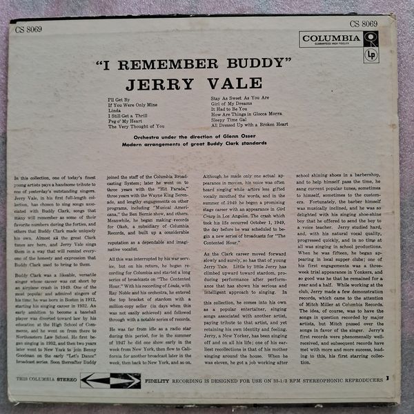 Jerry Vale, Orchestra Under The Direction Of Glenn Osser &ndash; I Remember Buddy 90209 фото